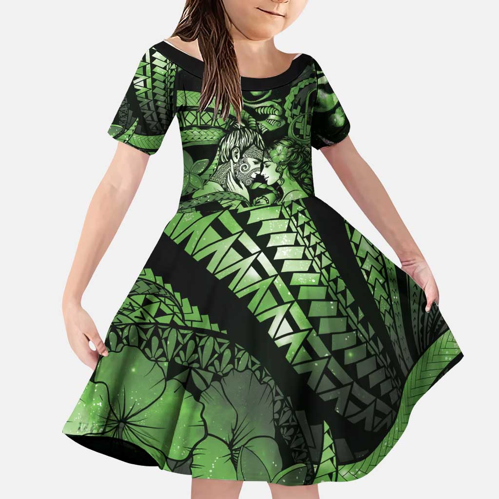 Personalised Maori Romantic Valentine Family Matching Off Shoulder Short Dress and Hawaiian Shirt The Hongi Kiss Green Galaxy