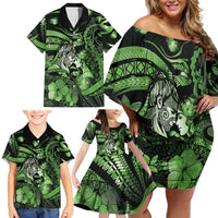Personalised Maori Romantic Valentine Family Matching Off Shoulder Short Dress and Hawaiian Shirt The Hongi Kiss Green Galaxy