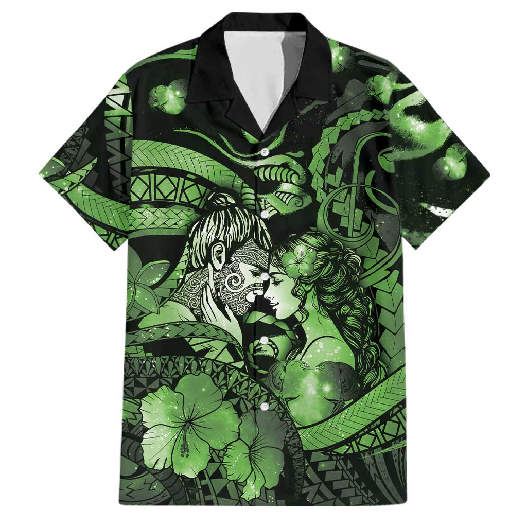 Personalised Maori Romantic Valentine Family Matching Off Shoulder Short Dress and Hawaiian Shirt The Hongi Kiss Green Galaxy
