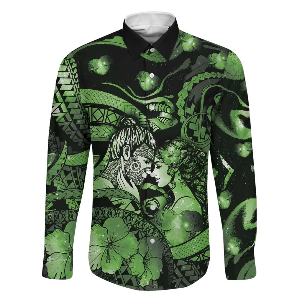 Personalised Maori Romantic Valentine Family Matching Off Shoulder Short Dress and Hawaiian Shirt The Hongi Kiss Green Galaxy