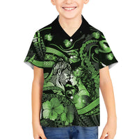 Personalised Maori Romantic Valentine Family Matching Puletasi and Hawaiian Shirt The Hongi Kiss Green Galaxy DT05 Son's Shirt Green - Polynesian Pride