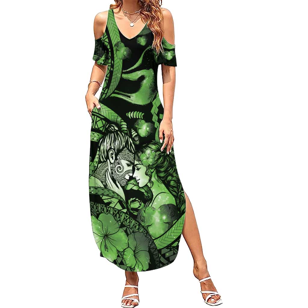 Personalised Maori Romantic Valentine Family Matching Summer Maxi Dress and Hawaiian Shirt The Hongi Kiss Green Galaxy