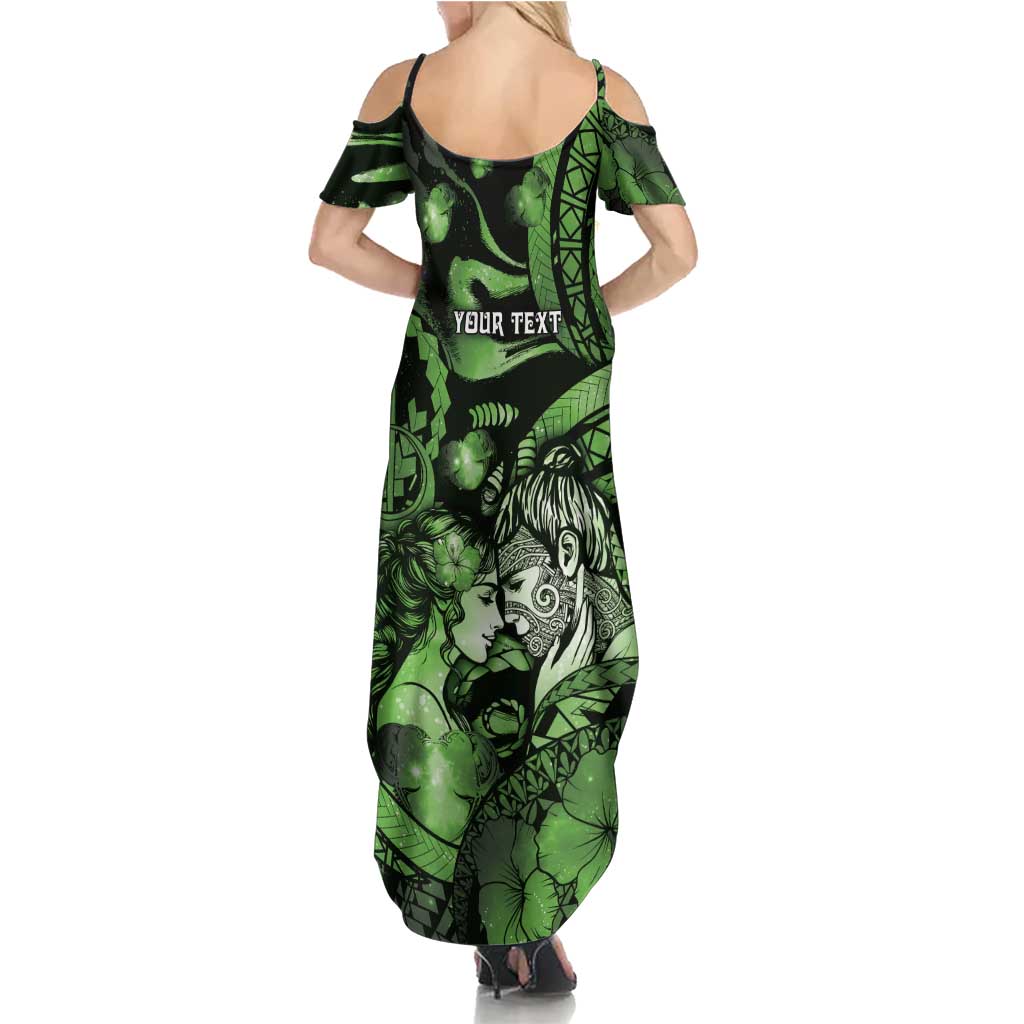 Personalised Maori Romantic Valentine Family Matching Summer Maxi Dress and Hawaiian Shirt The Hongi Kiss Green Galaxy