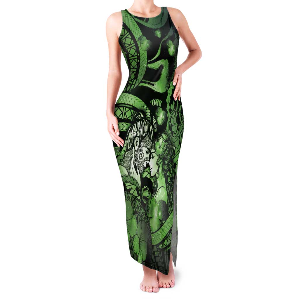 Personalised Maori Romantic Valentine Family Matching Tank Maxi Dress and Hawaiian Shirt The Hongi Kiss Green Galaxy DT05 Mom's Dress Green - Polynesian Pride