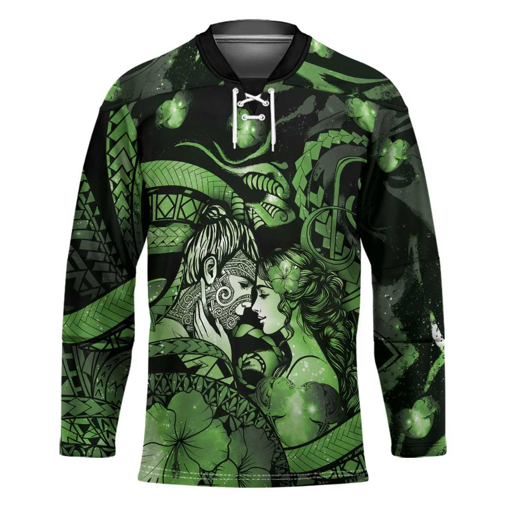 Personalised Maori Romantic Valentine Hockey Jersey The Hongi Kiss Green Galaxy
