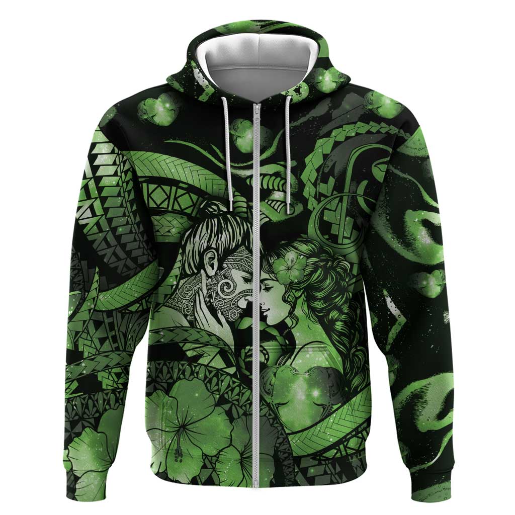 Personalised Maori Romantic Valentine Hoodie The Hongi Kiss Green Galaxy DT05 Zip Hoodie Green - Polynesian Pride
