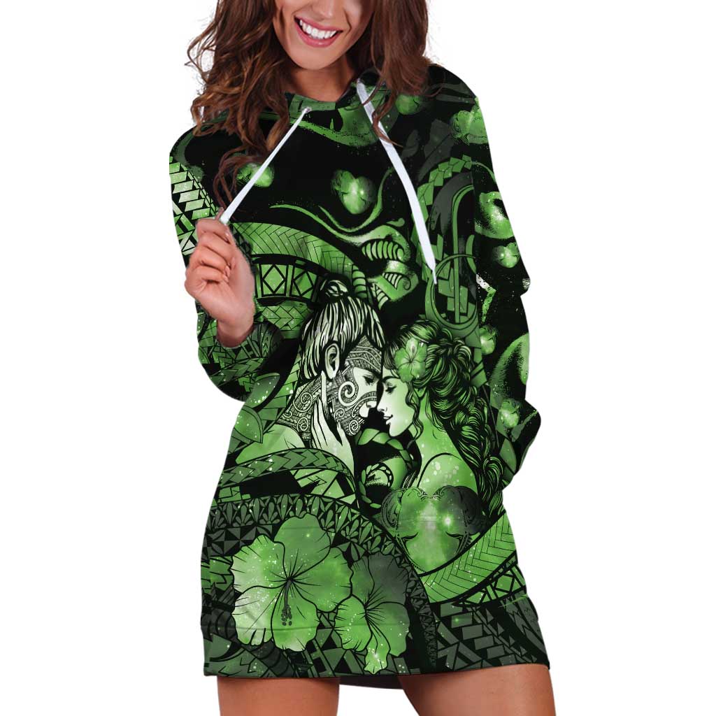 Personalised Maori Romantic Valentine Hoodie Dress The Hongi Kiss Green Galaxy