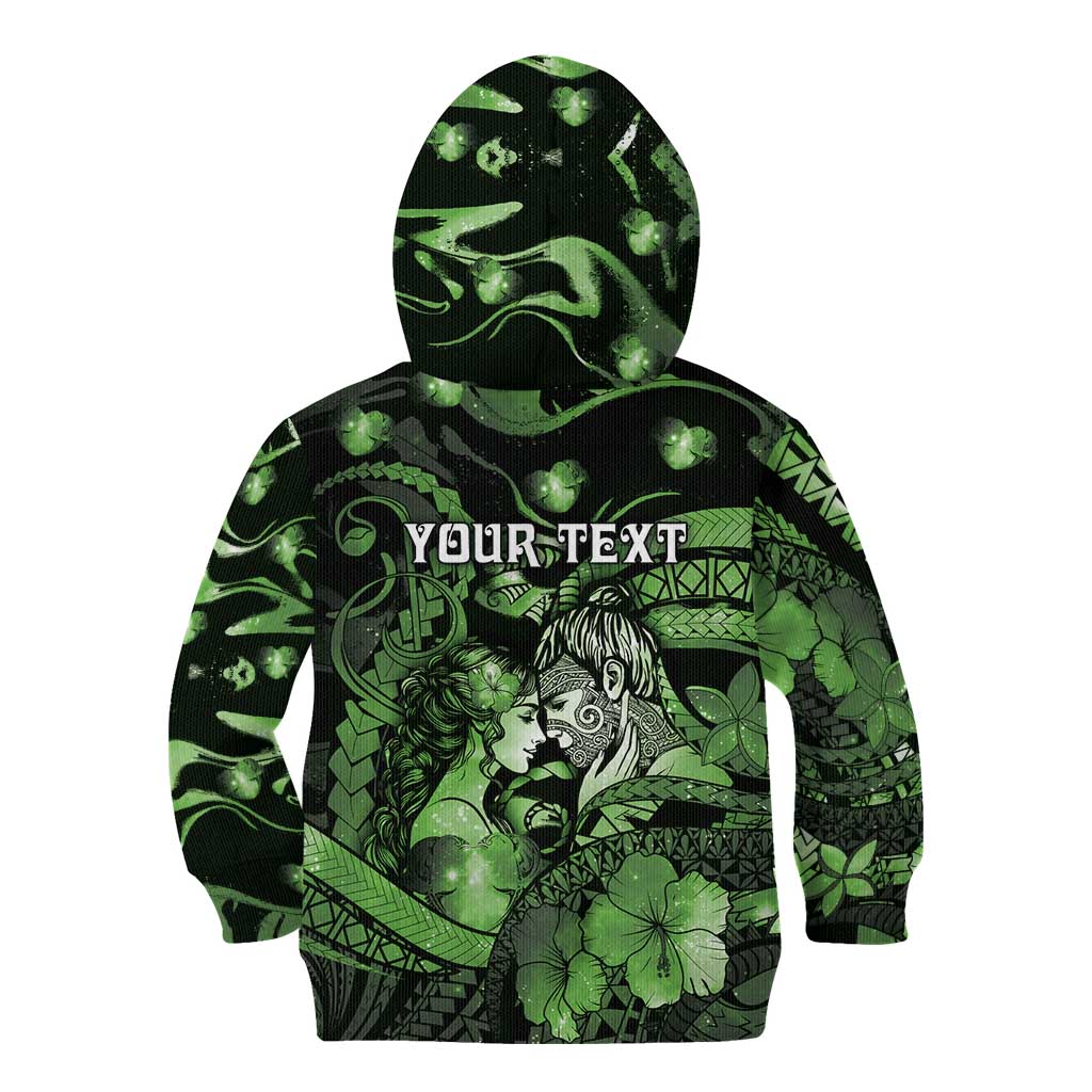 Personalised Maori Romantic Valentine Kid Hoodie The Hongi Kiss Green Galaxy DT05 - Polynesian Pride