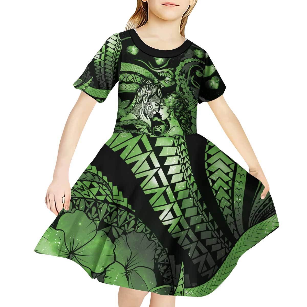 Personalised Maori Romantic Valentine Kid Short Sleeve Dress The Hongi Kiss Green Galaxy DT05 - Polynesian Pride