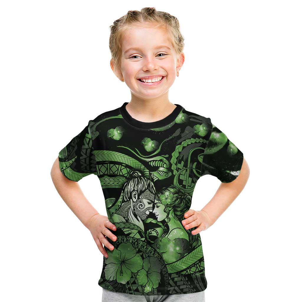 Personalised Maori Romantic Valentine Kid T Shirt The Hongi Kiss Green Galaxy