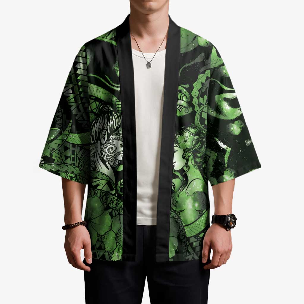 Personalised Maori Romantic Valentine Kimono The Hongi Kiss Green Galaxy