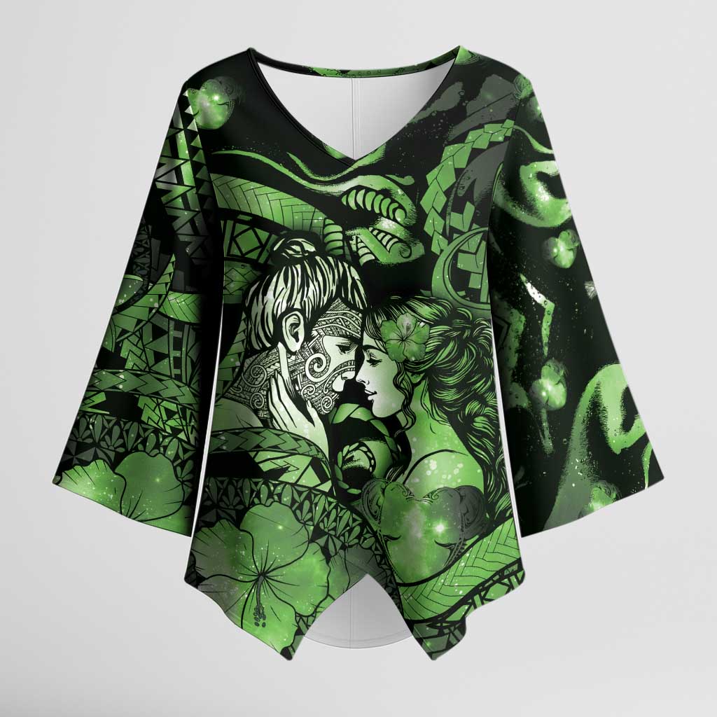 Personalised Maori Romantic Valentine Kimono Sleeve Blouse The Hongi Kiss Green Galaxy