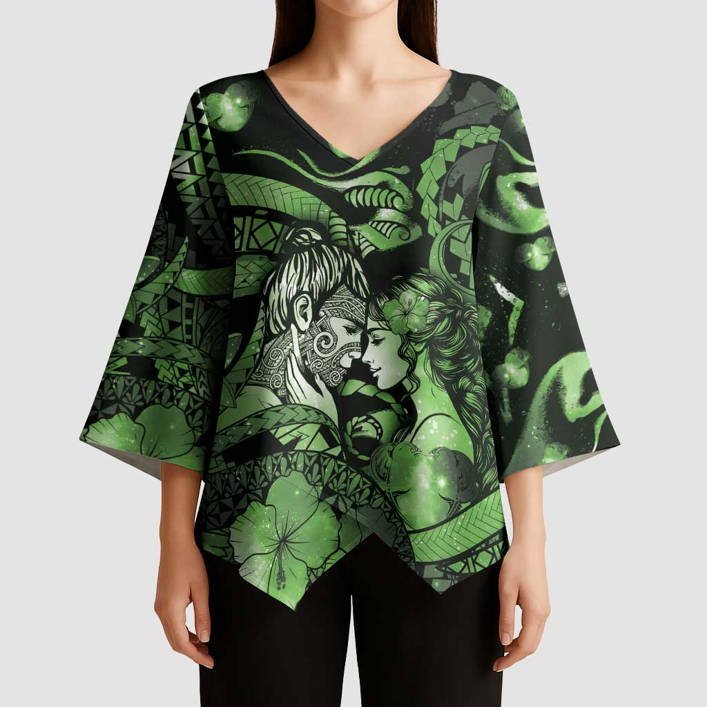 Personalised Maori Romantic Valentine Kimono Sleeve Blouse The Hongi Kiss Green Galaxy