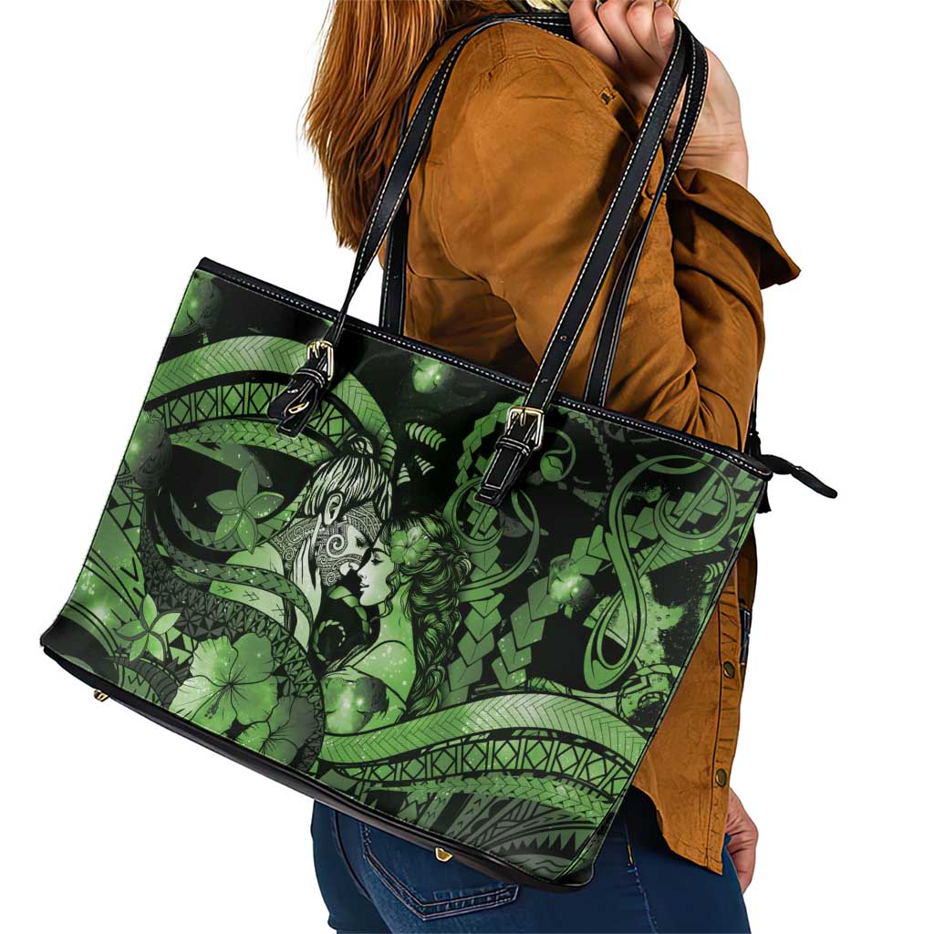 Maori Romantic Valentine Leather Tote Bag The Hongi Kiss Green Galaxy