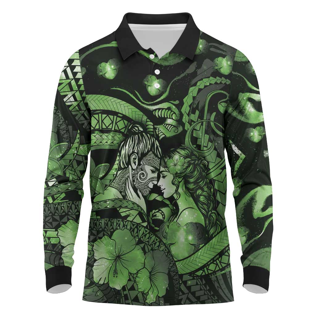 Personalised Maori Romantic Valentine Long Sleeve Polo Shirt The Hongi Kiss Green Galaxy