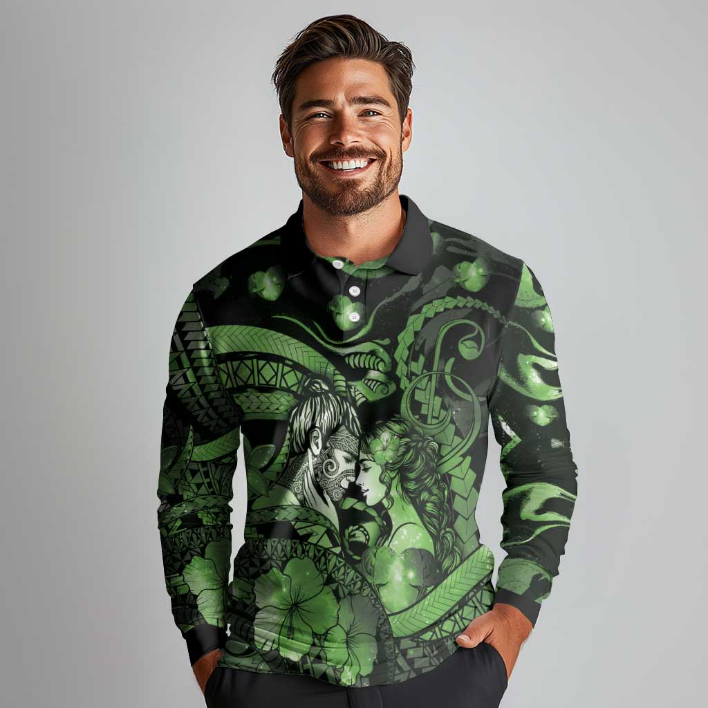 Personalised Maori Romantic Valentine Long Sleeve Polo Shirt The Hongi Kiss Green Galaxy