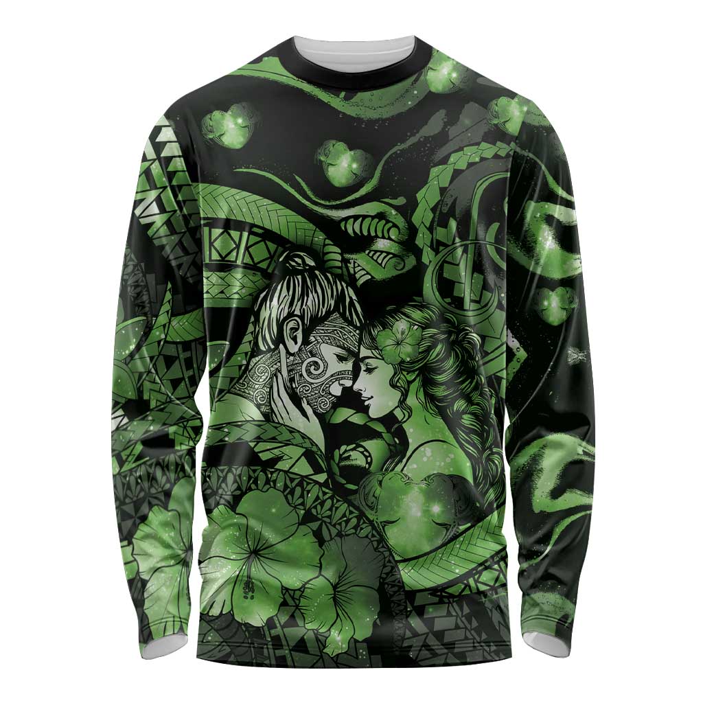 Personalised Maori Romantic Valentine Long Sleeve Shirt The Hongi Kiss Green Galaxy