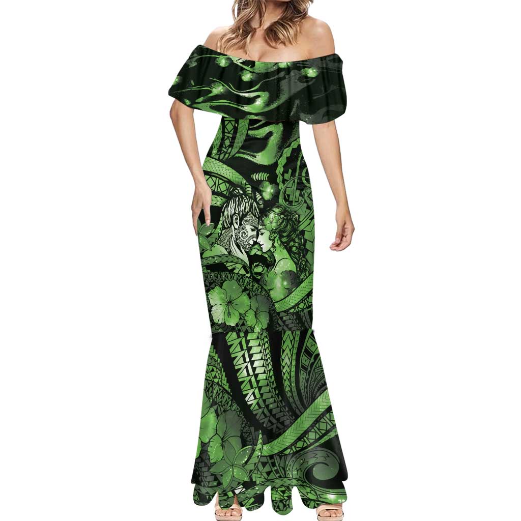 Personalised Maori Romantic Valentine Mermaid Dress The Hongi Kiss Green Galaxy DT05 - Polynesian Pride