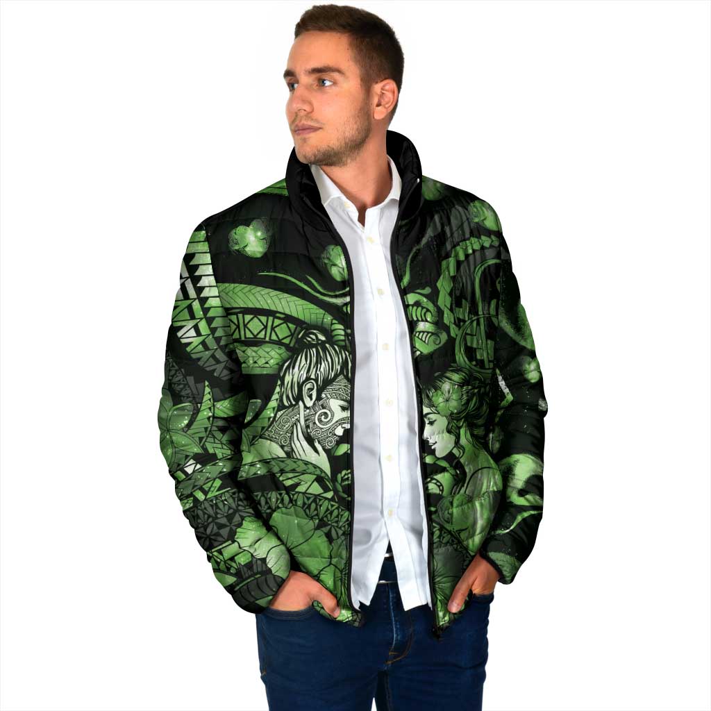 Personalised Maori Romantic Valentine Padded Jacket The Hongi Kiss Green Galaxy