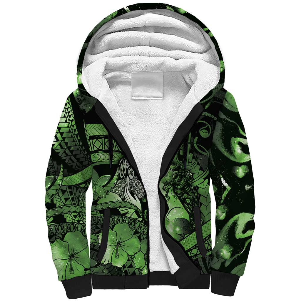 Personalised Maori Romantic Valentine Sherpa Hoodie The Hongi Kiss Green Galaxy