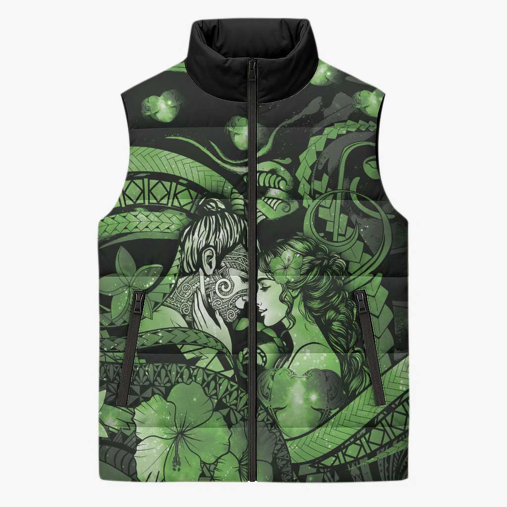 Personalised Maori Romantic Valentine Sleeveless Puffer Jacket The Hongi Kiss Green Galaxy