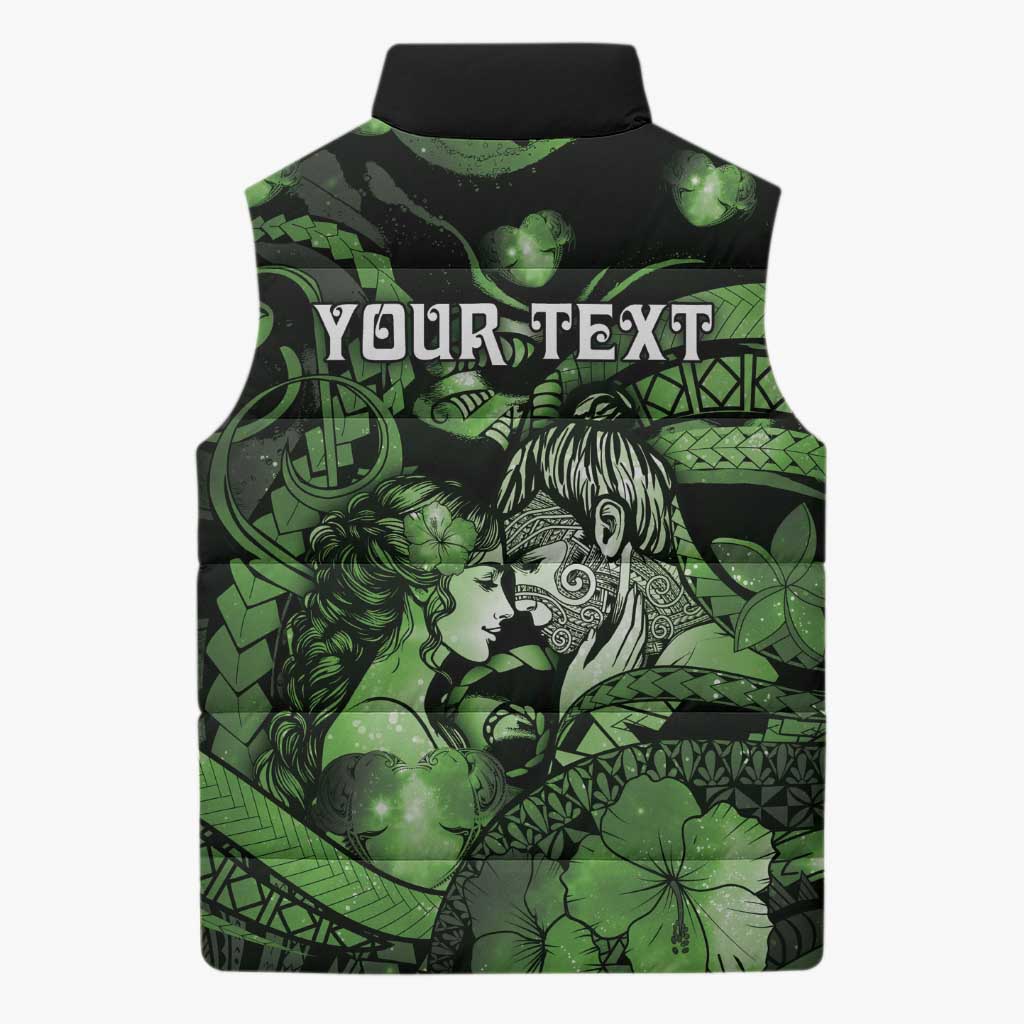 Personalised Maori Romantic Valentine Sleeveless Puffer Jacket The Hongi Kiss Green Galaxy