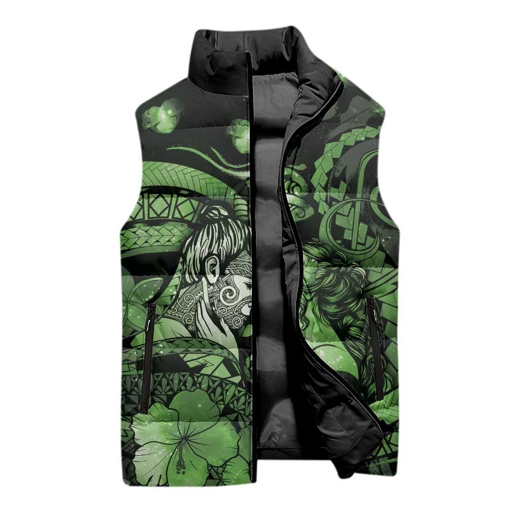 Personalised Maori Romantic Valentine Sleeveless Puffer Jacket The Hongi Kiss Green Galaxy