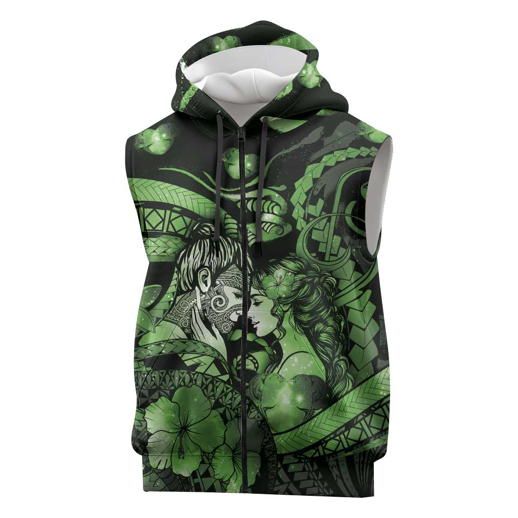 Personalised Maori Romantic Valentine Sleeveless Zip Hoodie The Hongi Kiss Green Galaxy