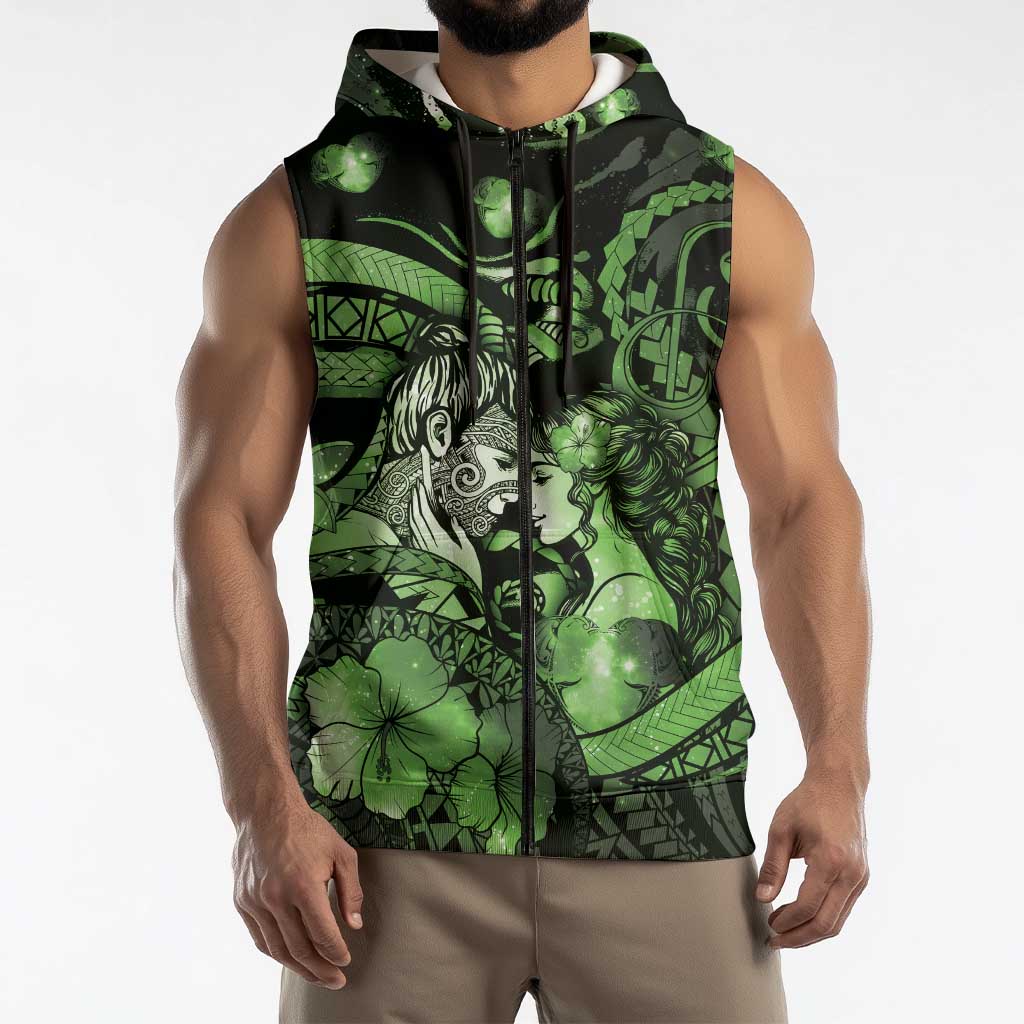 Personalised Maori Romantic Valentine Sleeveless Zip Hoodie The Hongi Kiss Green Galaxy