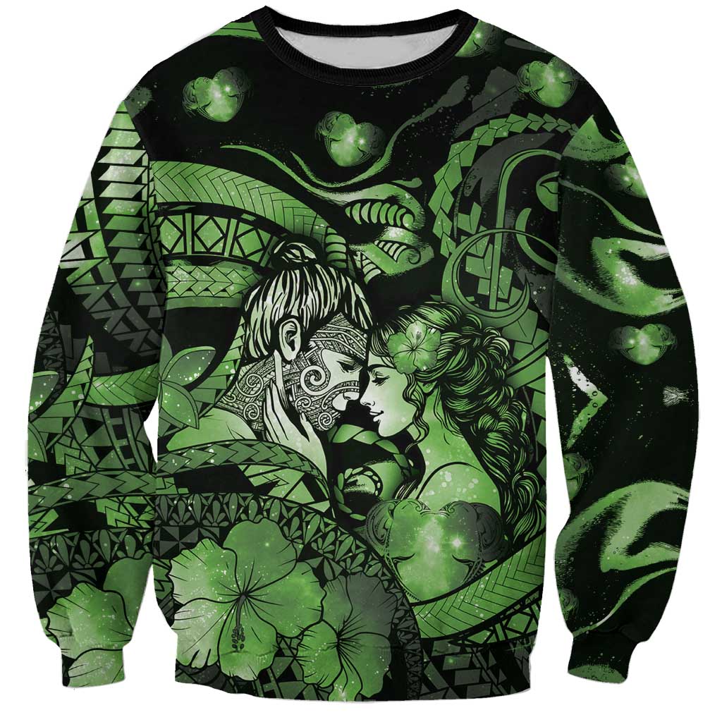Personalised Maori Romantic Valentine Sweatshirt The Hongi Kiss Green Galaxy DT05 Unisex Green - Polynesian Pride