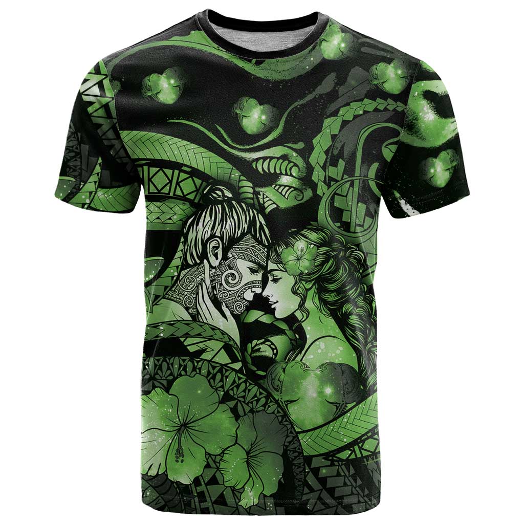 Personalised Maori Romantic Valentine T Shirt The Hongi Kiss Green Galaxy