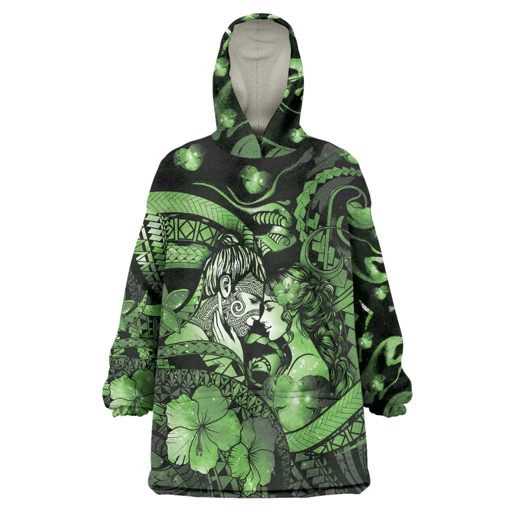 Personalised Maori Romantic Valentine Wearable Blanket Hoodie The Hongi Kiss Green Galaxy