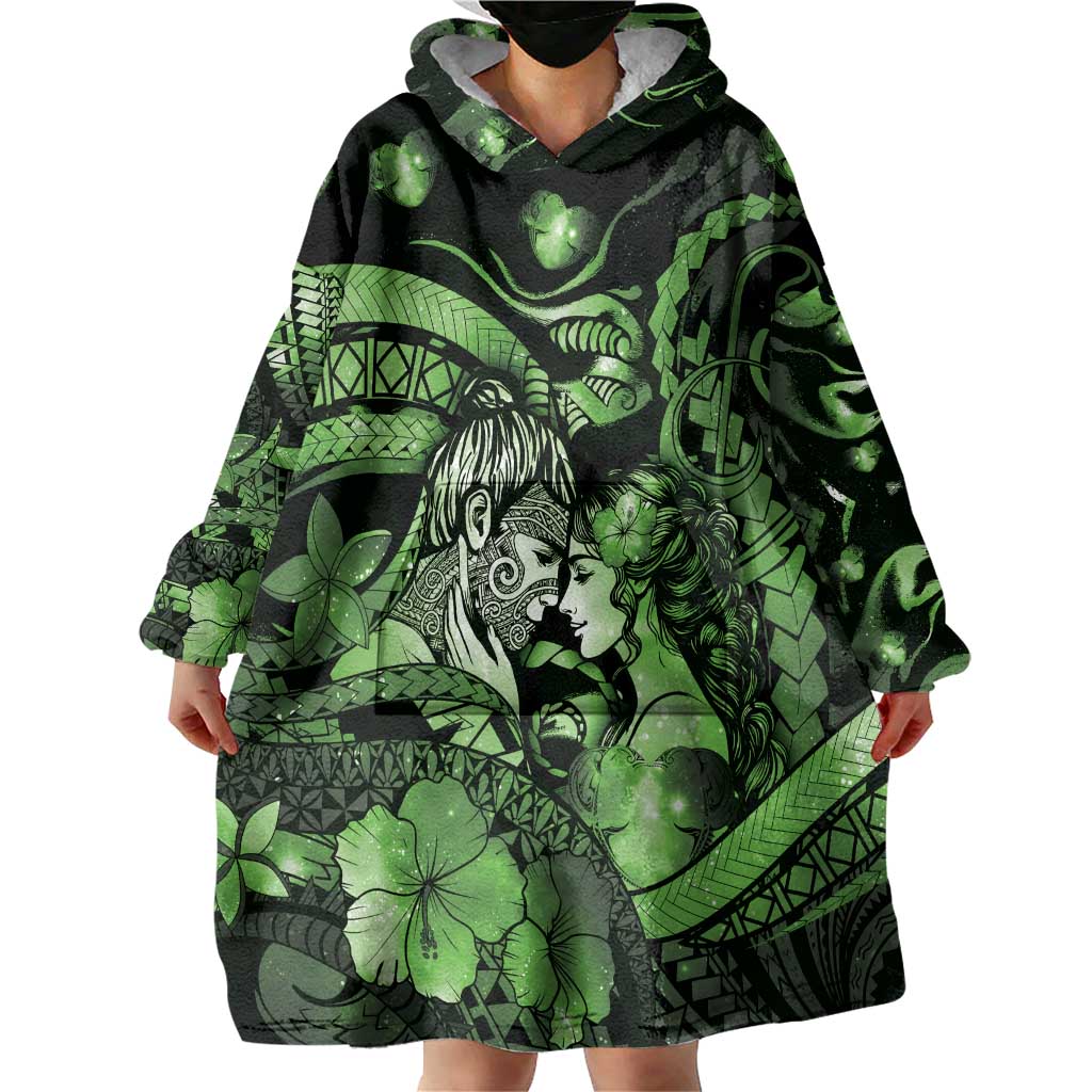 Personalised Maori Romantic Valentine Wearable Blanket Hoodie The Hongi Kiss Green Galaxy