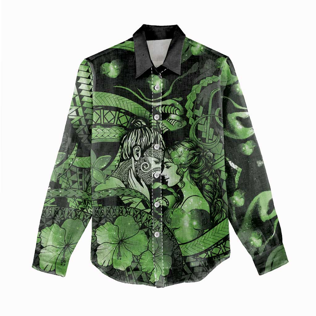 Personalised Maori Romantic Valentine Women Casual Shirt The Hongi Kiss Green Galaxy