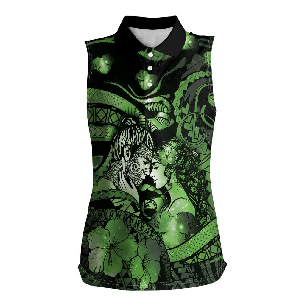 Personalised Maori Romantic Valentine Women Sleeveless Polo Shirt The Hongi Kiss Green Galaxy