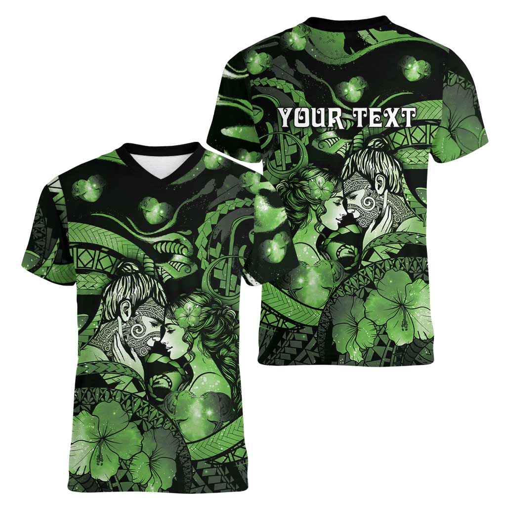 Personalised Maori Romantic Valentine Women V-Neck T-Shirt The Hongi Kiss Green Galaxy