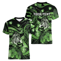 Personalised Maori Romantic Valentine Women V-Neck T-Shirt The Hongi Kiss Green Galaxy