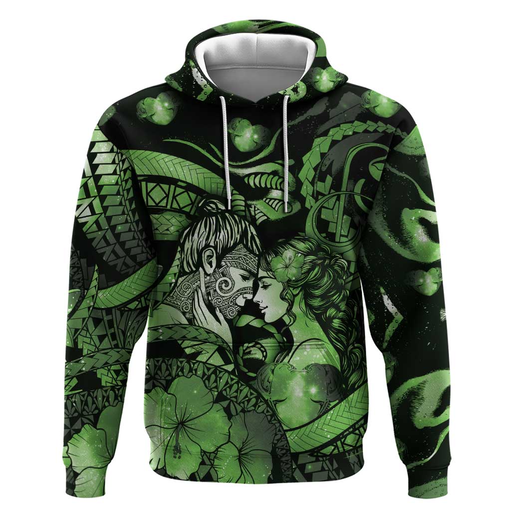 Personalised Maori Romantic Valentine Zip Hoodie The Hongi Kiss Green Galaxy