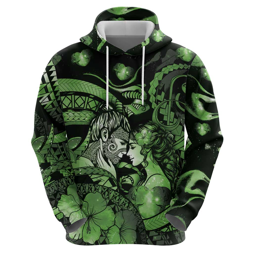 Personalised Maori Romantic Valentine Zip Hoodie The Hongi Kiss Green Galaxy