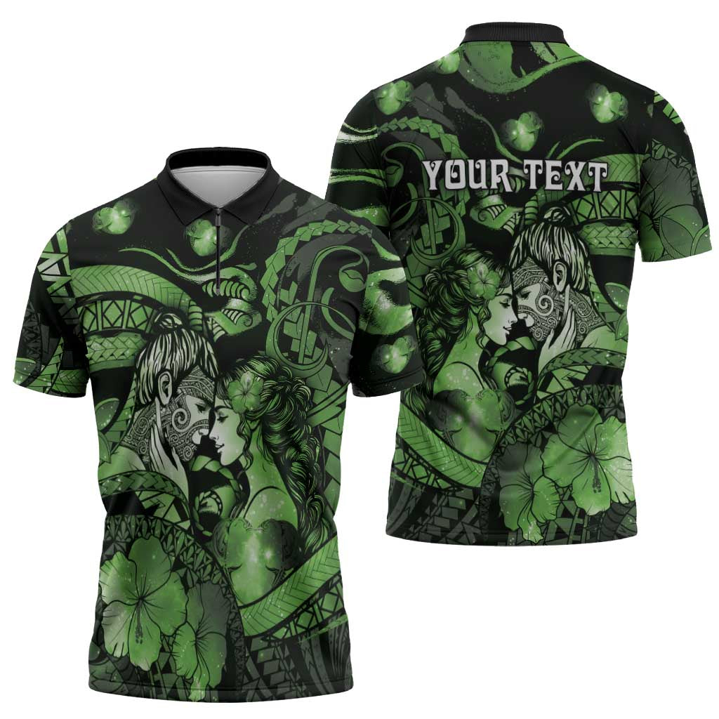 Personalised Maori Romantic Valentine Zipper Polo Shirt The Hongi Kiss Green Galaxy