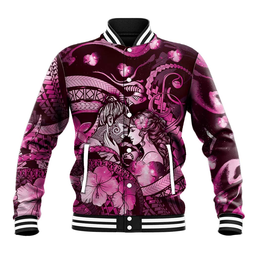 Personalised Maori Romantic Valentine Baseball Jacket The Hongi Kiss Pink Galaxy