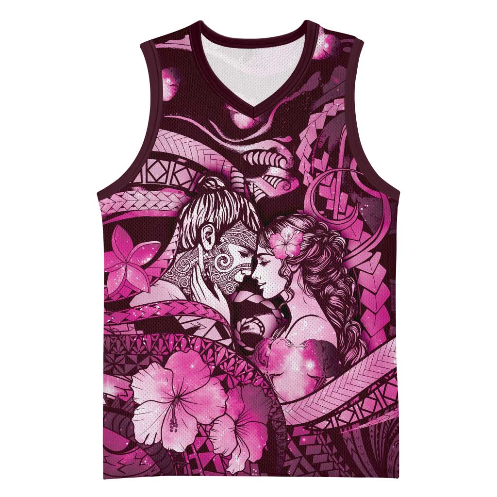 Personalised Maori Romantic Valentine Basketball Jersey The Hongi Kiss Pink Galaxy