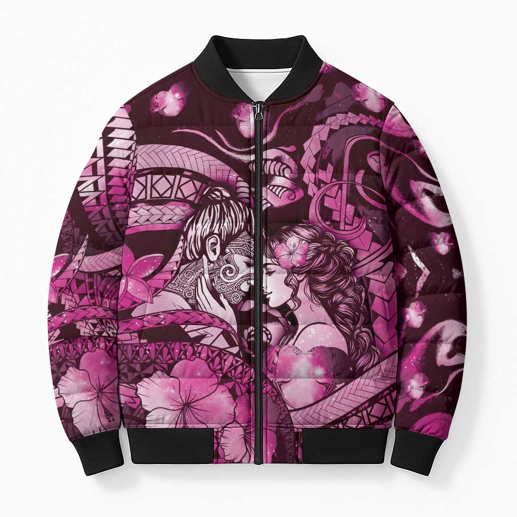 Personalised Maori Romantic Valentine Bomber Puffer Jacket The Hongi Kiss Pink Galaxy