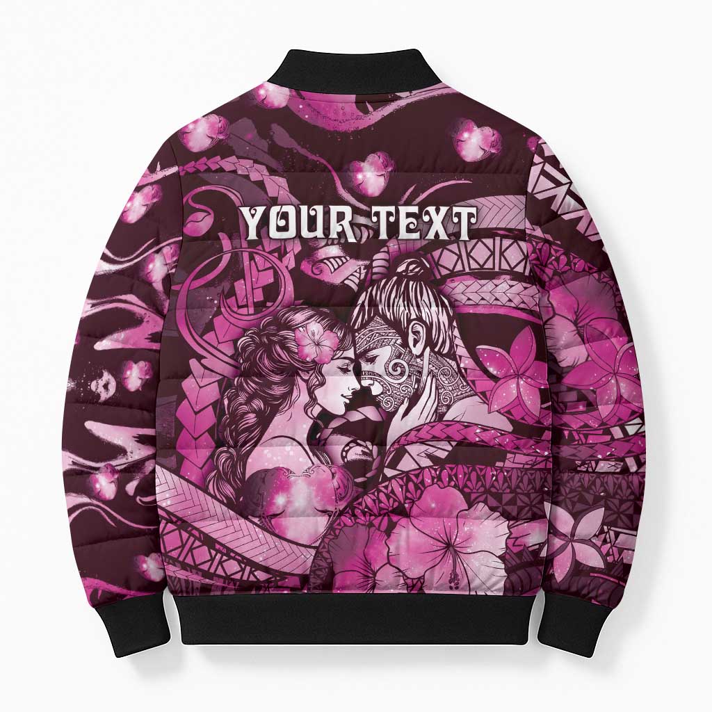 Personalised Maori Romantic Valentine Bomber Puffer Jacket The Hongi Kiss Pink Galaxy