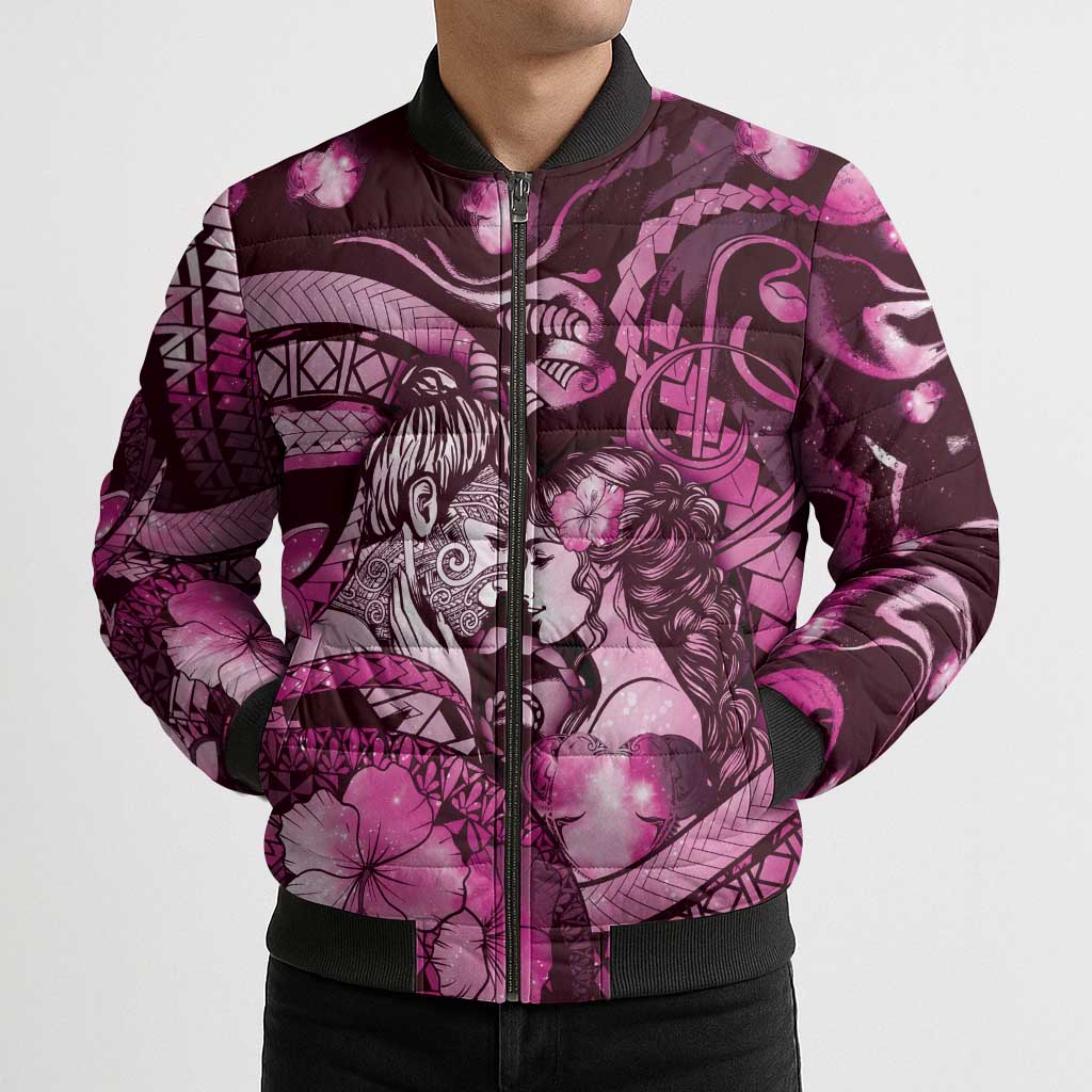 Personalised Maori Romantic Valentine Bomber Puffer Jacket The Hongi Kiss Pink Galaxy