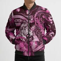 Personalised Maori Romantic Valentine Bomber Puffer Jacket The Hongi Kiss Pink Galaxy