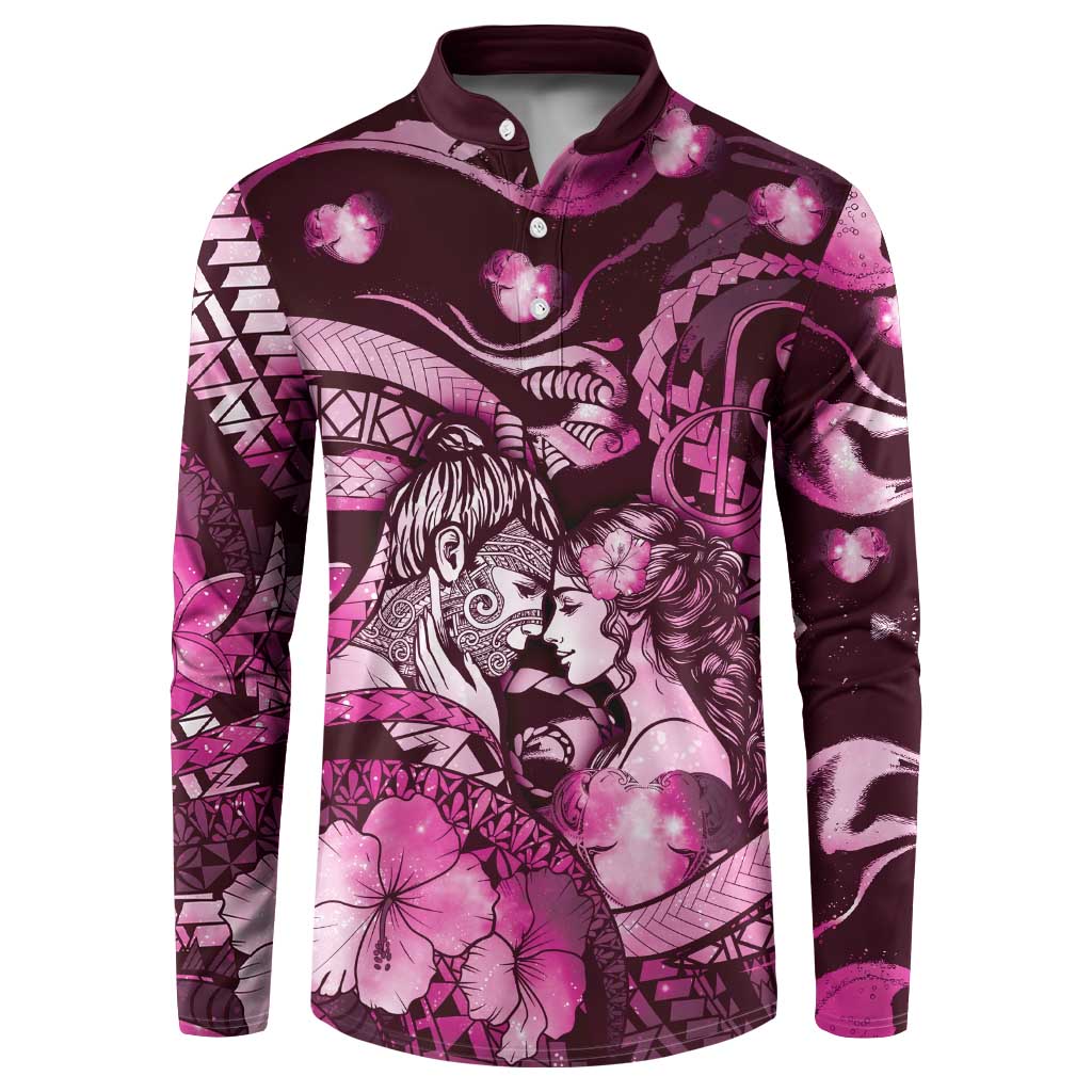 Personalised Maori Romantic Valentine Button Sweatshirt The Hongi Kiss Pink Galaxy