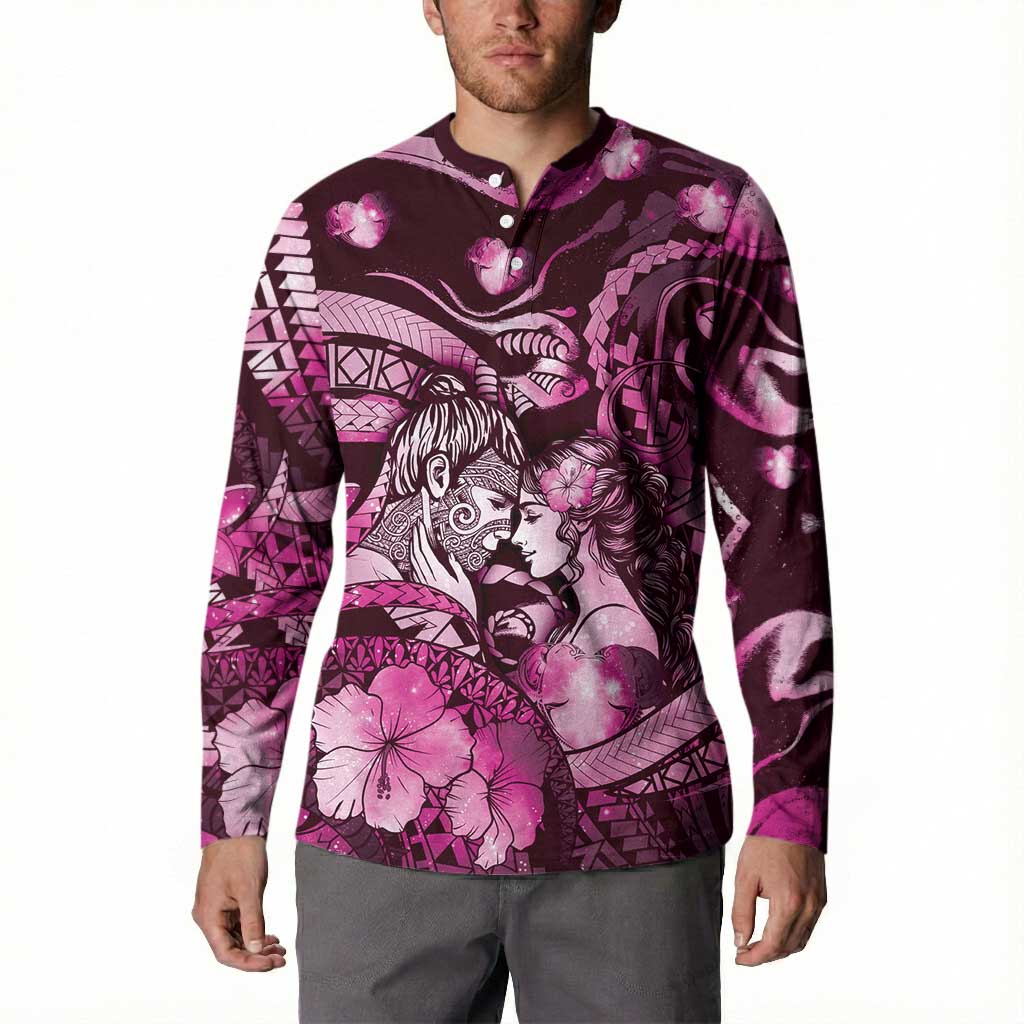 Personalised Maori Romantic Valentine Button Sweatshirt The Hongi Kiss Pink Galaxy