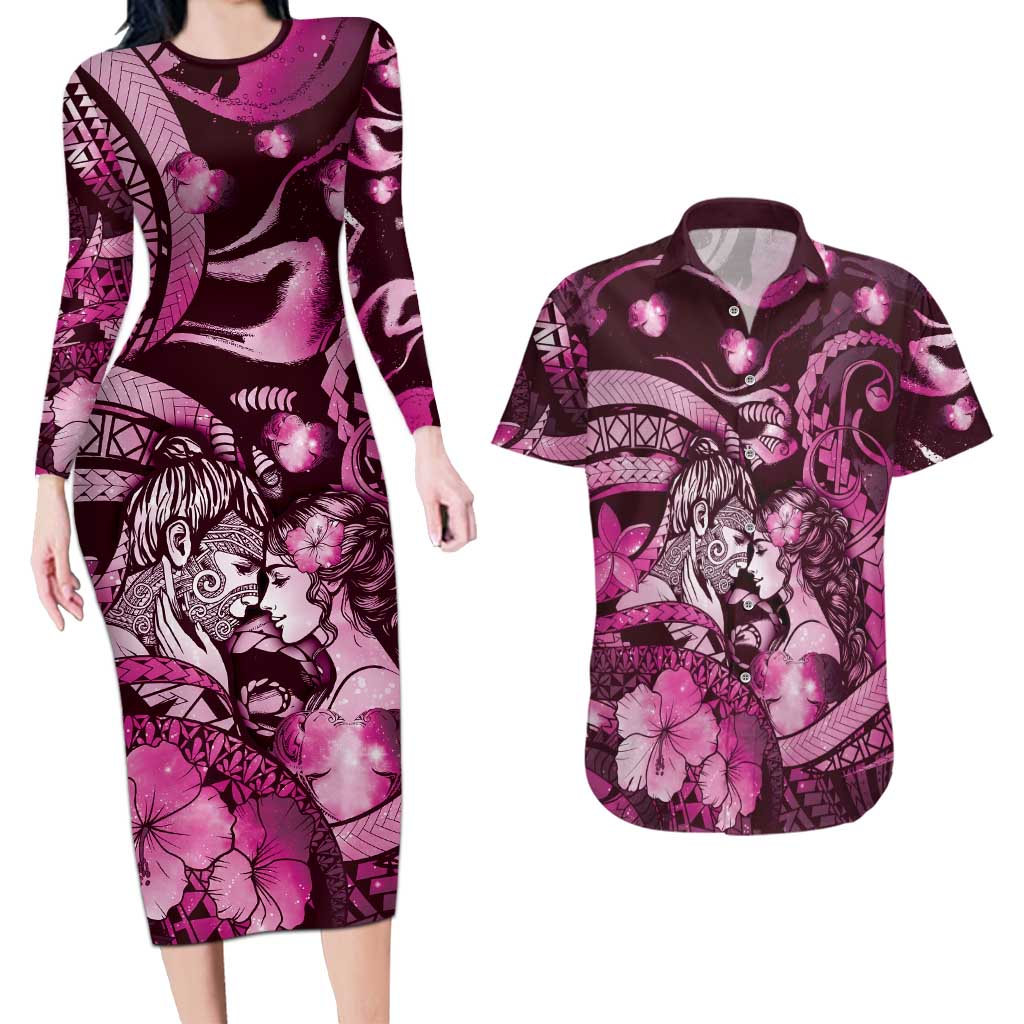 Personalised Maori Romantic Valentine Couples Matching Long Sleeve Bodycon Dress and Hawaiian Shirt The Hongi Kiss Pink Galaxy