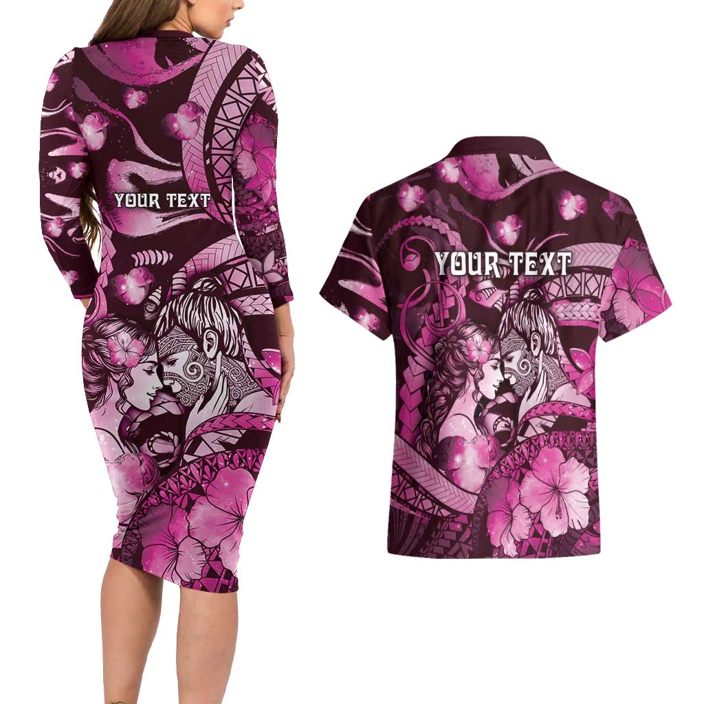 Personalised Maori Romantic Valentine Couples Matching Long Sleeve Bodycon Dress and Hawaiian Shirt The Hongi Kiss Pink Galaxy